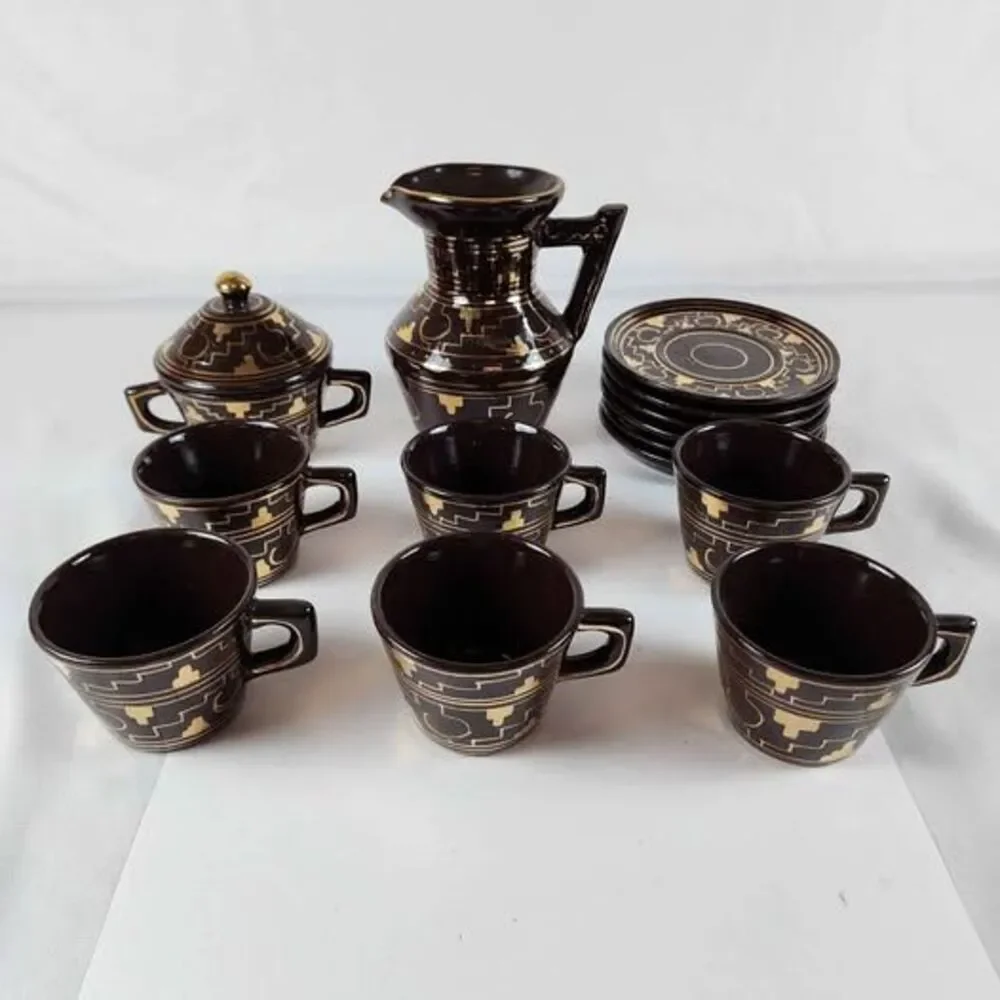 Brown and Gold Handmade Mexican Artesian Ceramic Espresso Set